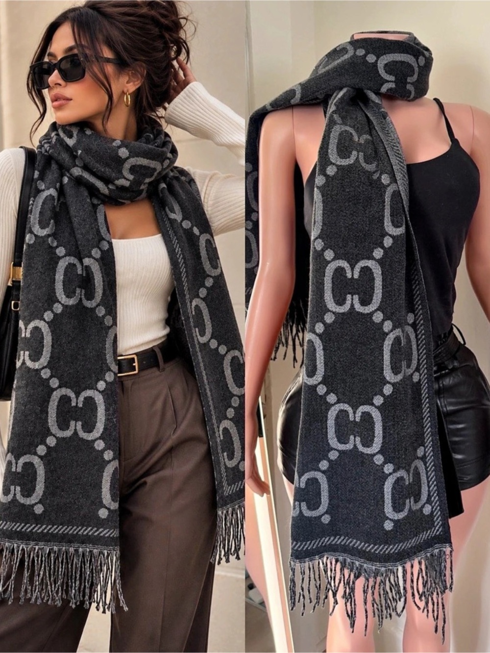 Reversible Fringe Scarf in Black & Gray